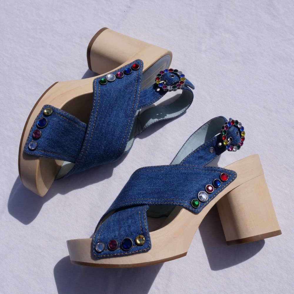 Modern does 70s Marc Jacobs Linda bejeweled criss cross denim platform clog - Picture 9 of 11